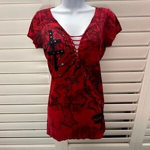 Affliction Red V-Neck Tshirt with Black Embellishments & Lace Up Detail Sz S